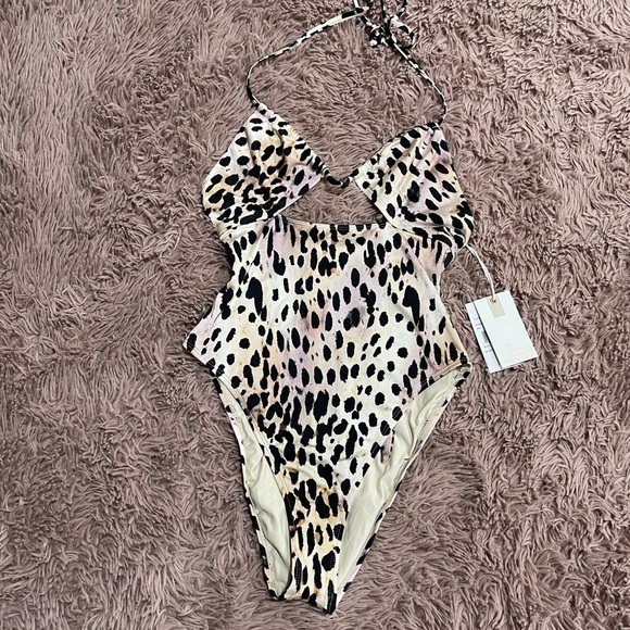 GOOD American Ruched Halter One-Piece Swimsuit in Cheetah Rose Print - Picture 1 of 10
